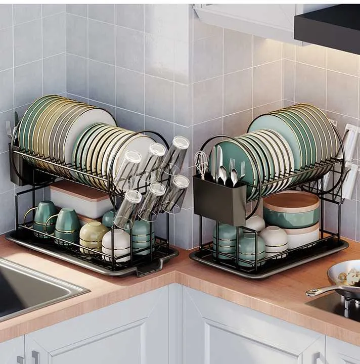رف أطباق تخزين للمطبخ بطبقتين عالي الجودة رف تخزين متعدد الوظائف رف أطباق High Quality 2-Tier Kitchen Storage Dish Rack Multifunctional Storage Rack Dish Rack