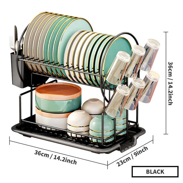 رف أطباق تخزين للمطبخ بطبقتين عالي الجودة رف تخزين متعدد الوظائف رف أطباق High Quality 2-Tier Kitchen Storage Dish Rack Multifunctional Storage Rack Dish Rack