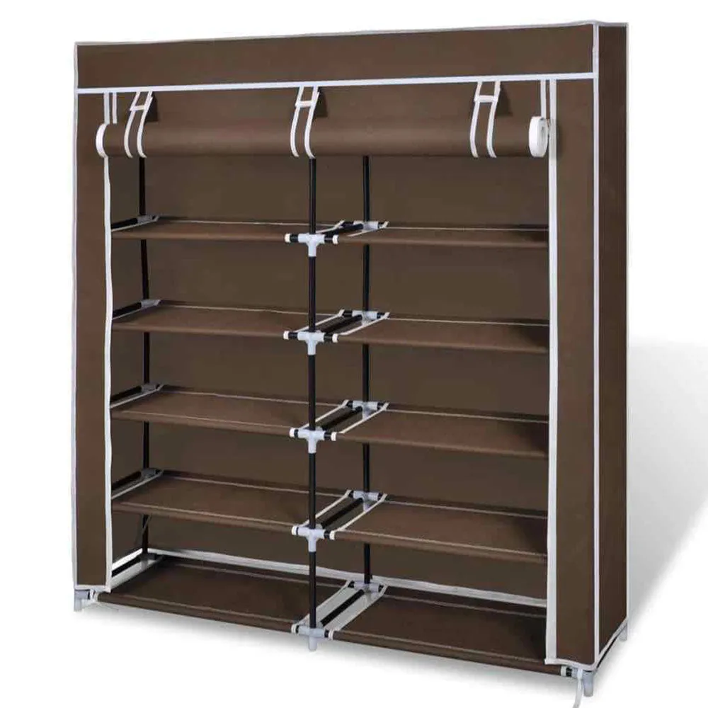 2-Door Portable Shoe Rack Cabinet | Storage Wardrobe with Cover | Brown
