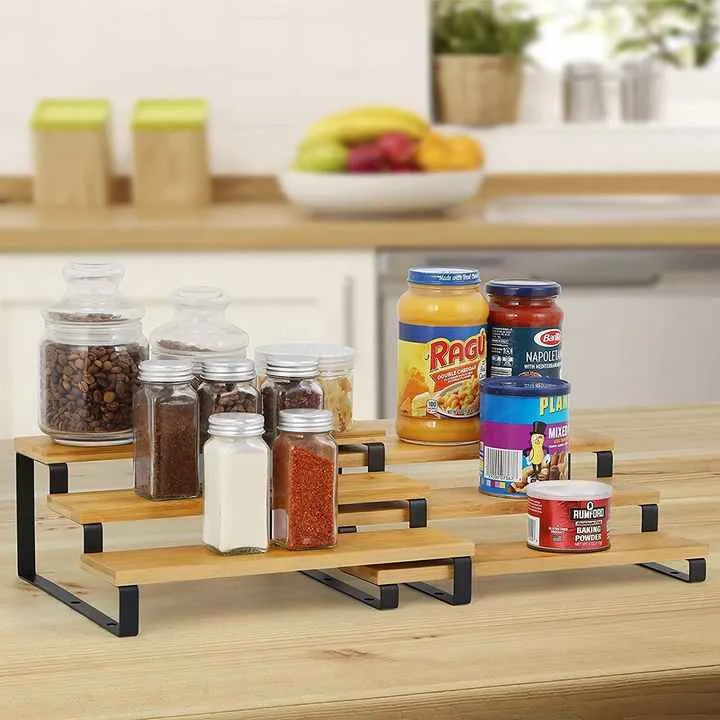 3 الطبقة توسيع رف توابل المنظم أنيقة و المنتجات المنزلية الحديثة خشبية التوابل المنظم 3 Tier Expanding Spice Rack Organizer Elegant and Modern Home Products Wooden Spice Organizer