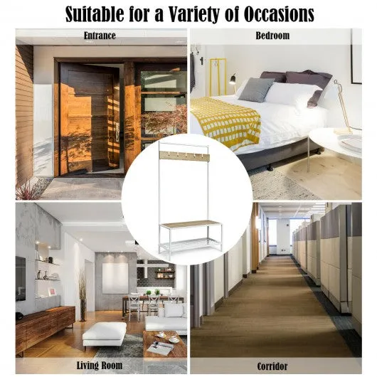 3 in 1 Industrial Coat Rack with 2-tier Storage Bench and 5 Hooks-Natural