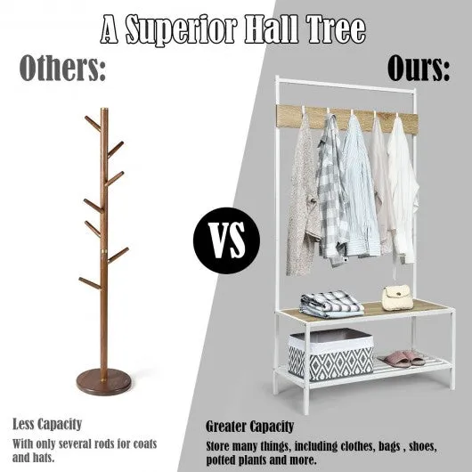 3 in 1 Industrial Coat Rack with 2-tier Storage Bench and 5 Hooks-Natural