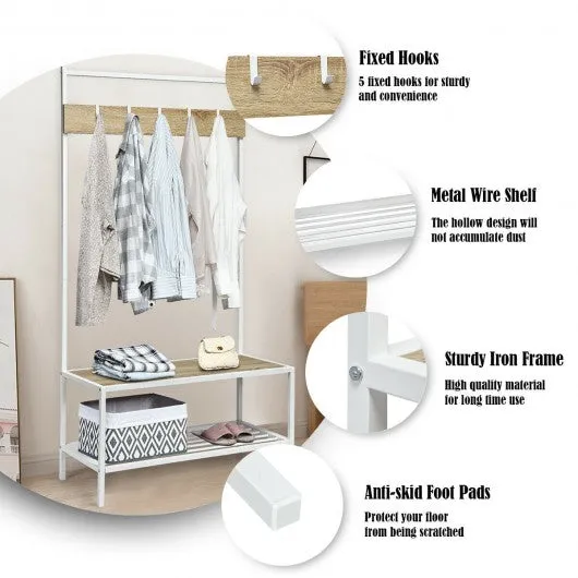 3 in 1 Industrial Coat Rack with 2-tier Storage Bench and 5 Hooks-Natural