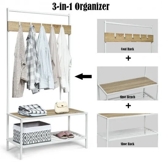 3 in 1 Industrial Coat Rack with 2-tier Storage Bench and 5 Hooks-Natural
