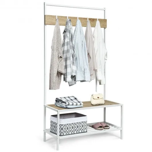 3 in 1 Industrial Coat Rack with 2-tier Storage Bench and 5 Hooks-Natural