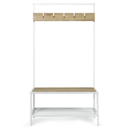 3 in 1 Industrial Coat Rack with 2-tier Storage Bench and 5 Hooks-Natural