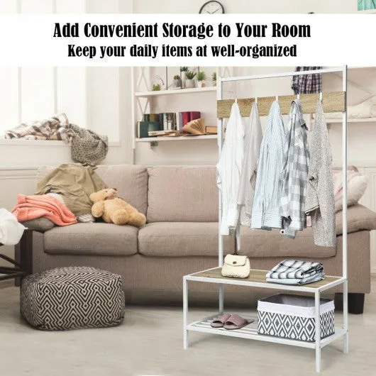 3 in 1 Industrial Coat Rack with 2-tier Storage Bench and 5 Hooks-Natural