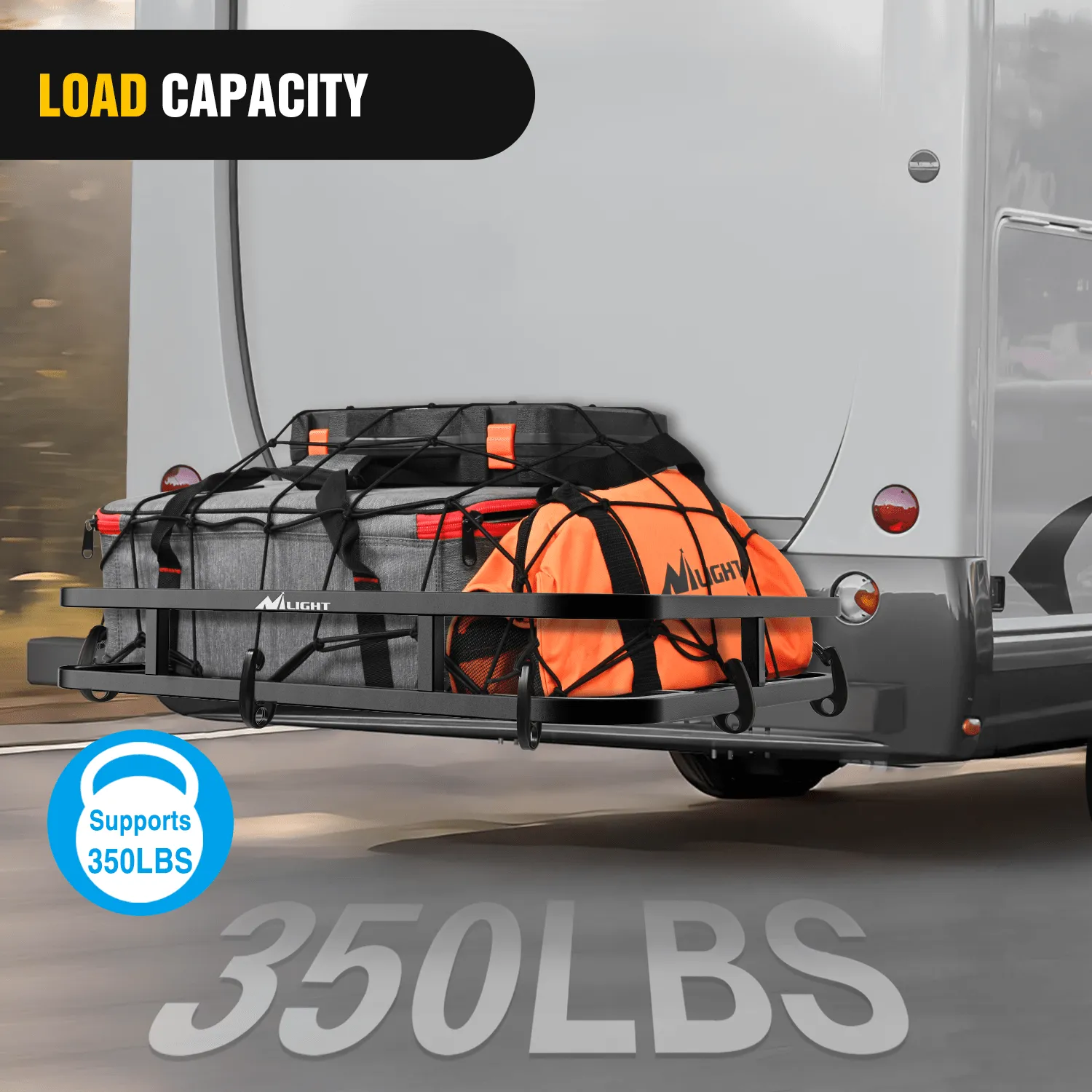 32264 Inch RV Bumper Mounted Cargo Rack Carrier with Net Fits 4-inch or 4-1/2-inch Bumpers