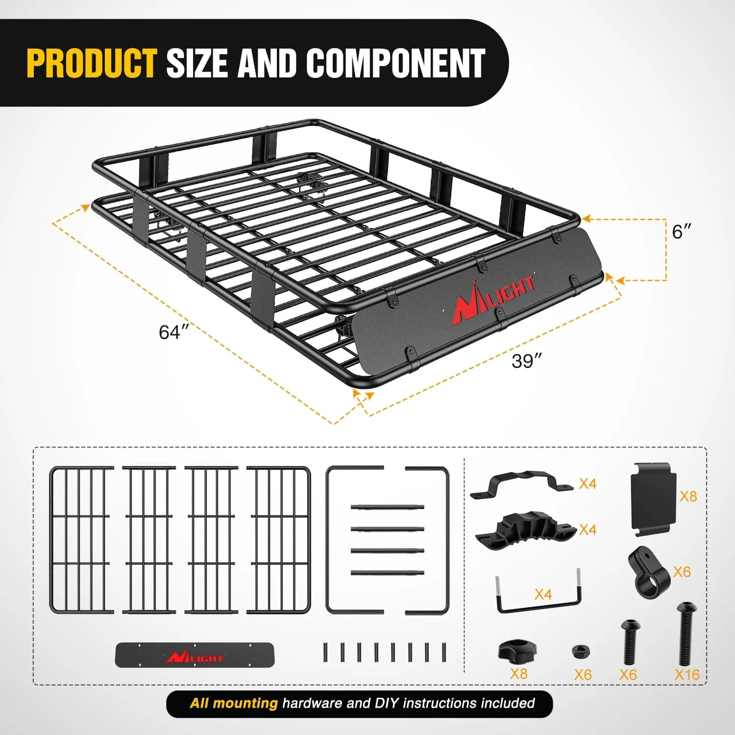 64 x 39 x 6 Inch Universal Roof Rack Cargo Basket Kit