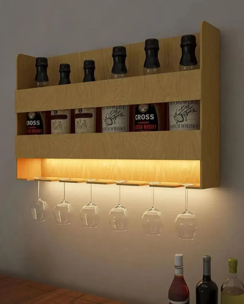 Aesthetic Backlit Wall Mounted Bar Shelf In Light Oak Finish | 24 X 15 inches