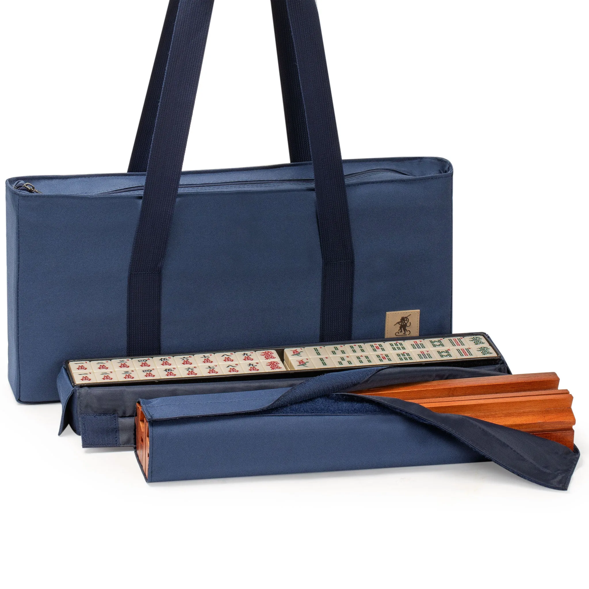 American Mahjong Game Set, "Sapphire" with Blue Soft Case - Racks with Pushers, Scoring Coins, Dice, and Wind Indicator