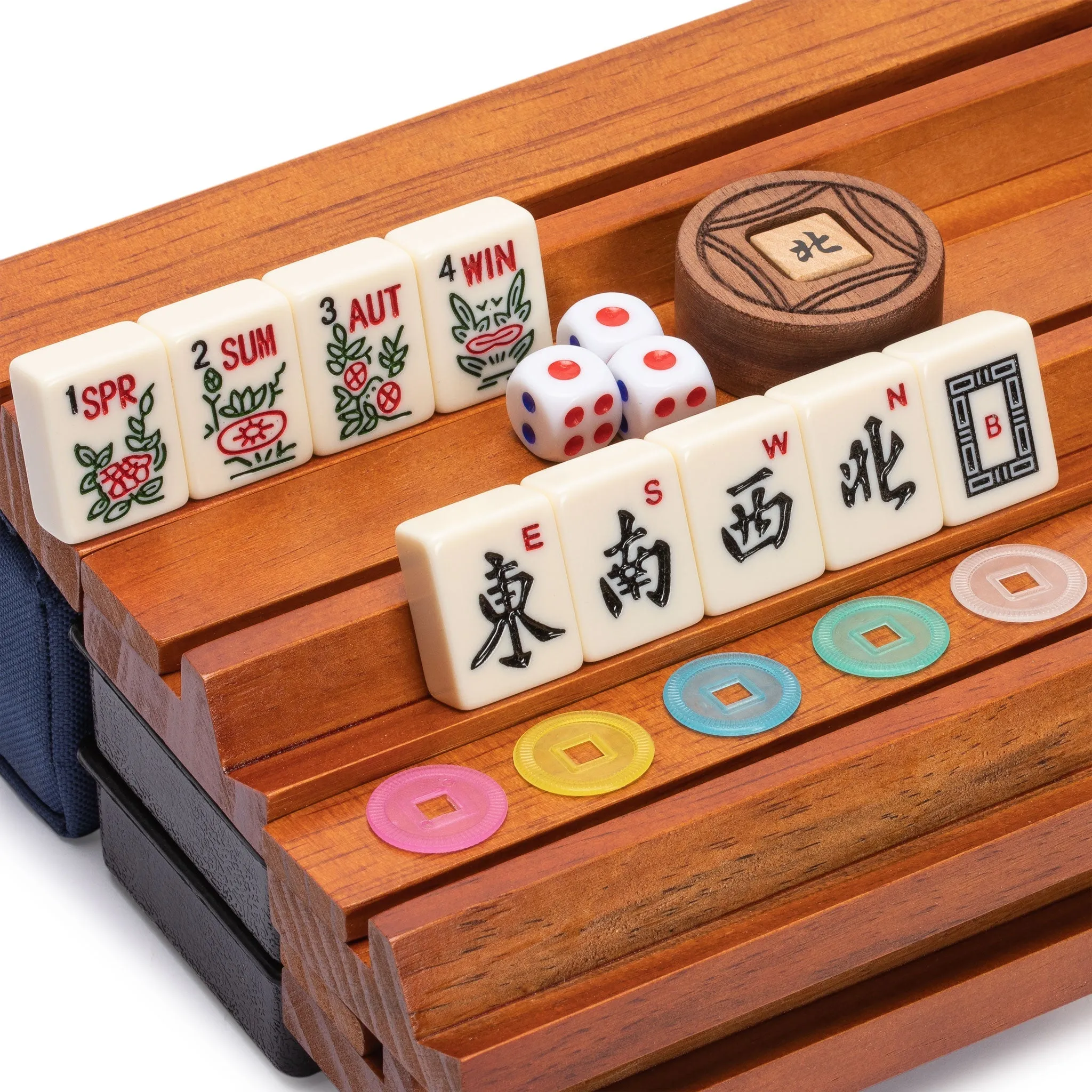 American Mahjong Game Set, "Sapphire" with Blue Soft Case - Racks with Pushers, Scoring Coins, Dice, and Wind Indicator