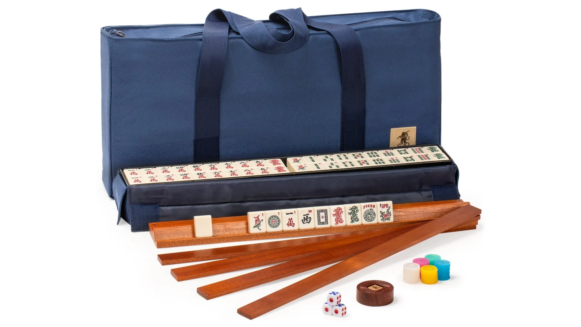 American Mahjong Game Set, "Sapphire" with Blue Soft Case - Racks with Pushers, Scoring Coins, Dice, and Wind Indicator