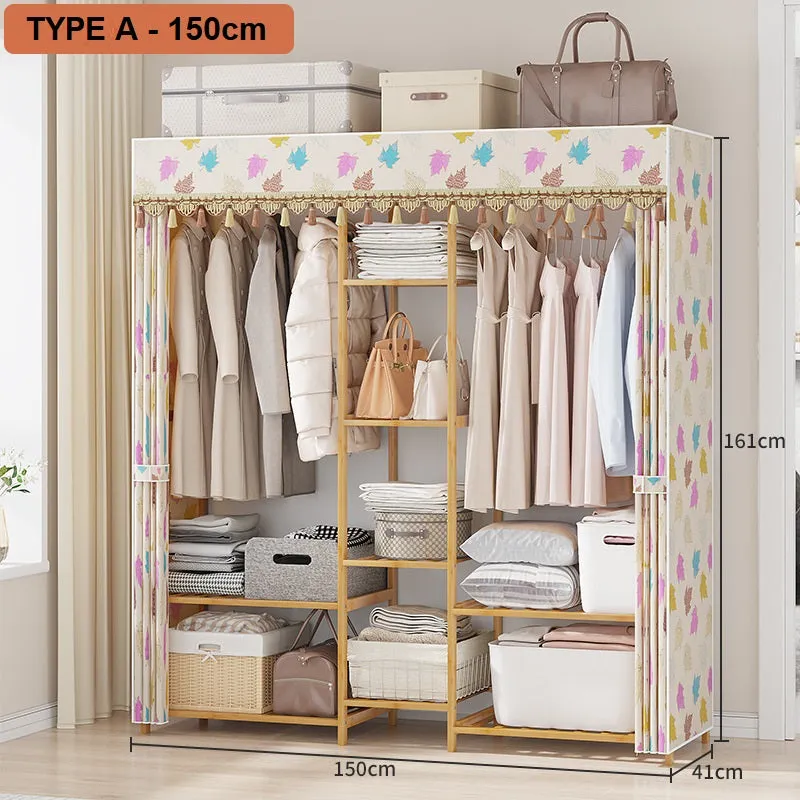 Bamboo Clothes Rack Garment Closet Storage Organizer Hanging Rail Shelf Fabric Dustproof Cover