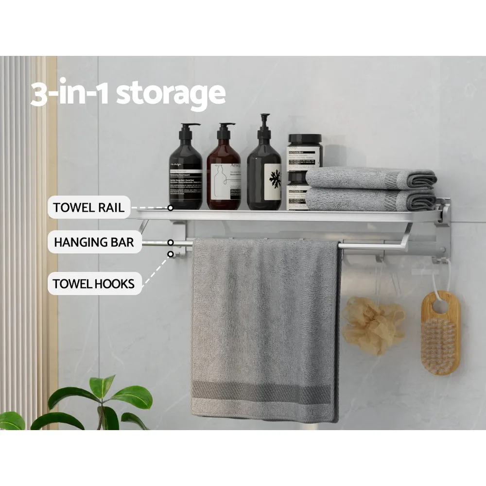 Foldable 4-Bar Towel Rail Rack, 5 Hooks, Wall-Mounted, Aluminium, by [Brand]