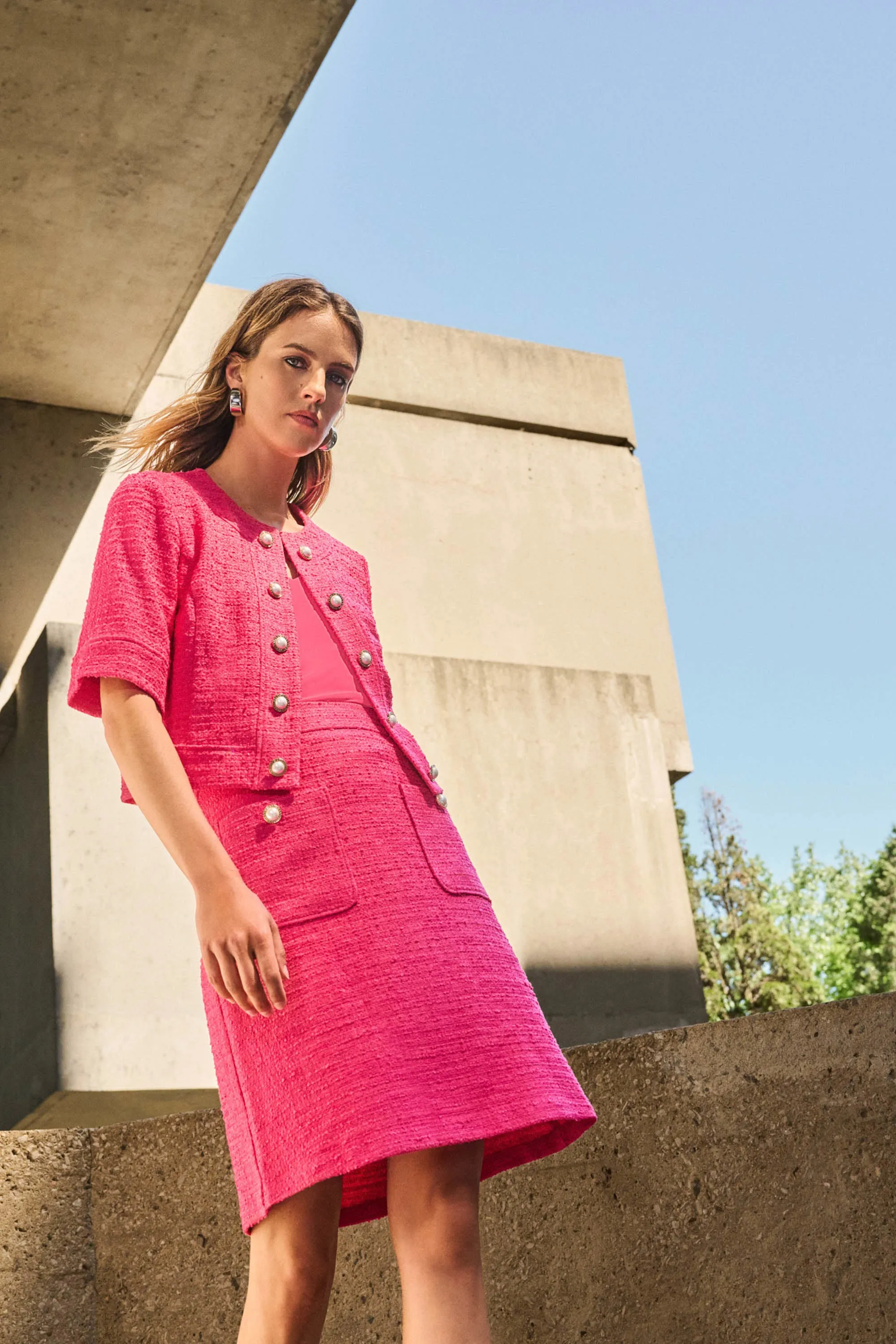 Joseph Ribkoff Pink Boucl Cropped Jacket With Decorative Buttons