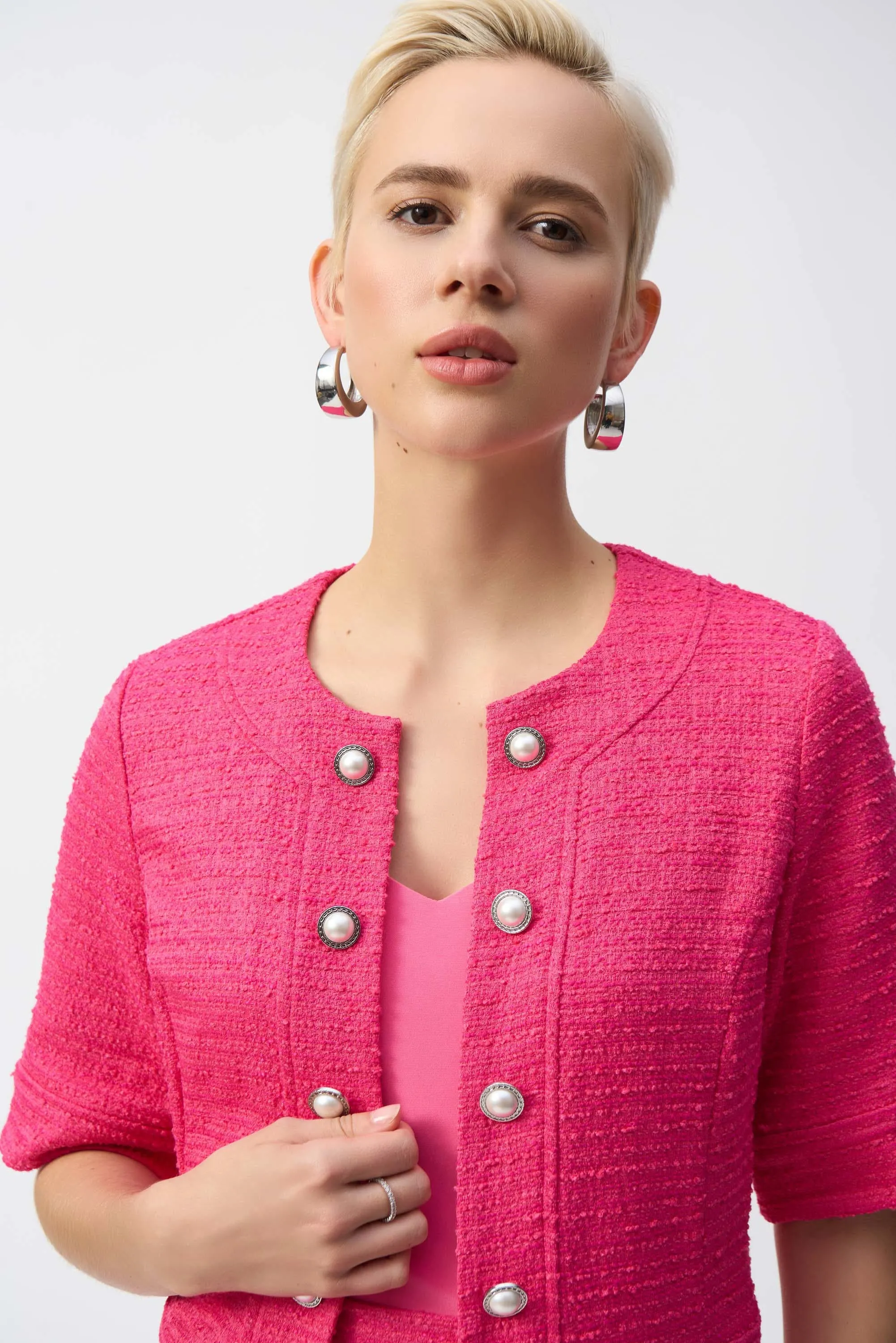 Joseph Ribkoff Pink Boucl Cropped Jacket With Decorative Buttons