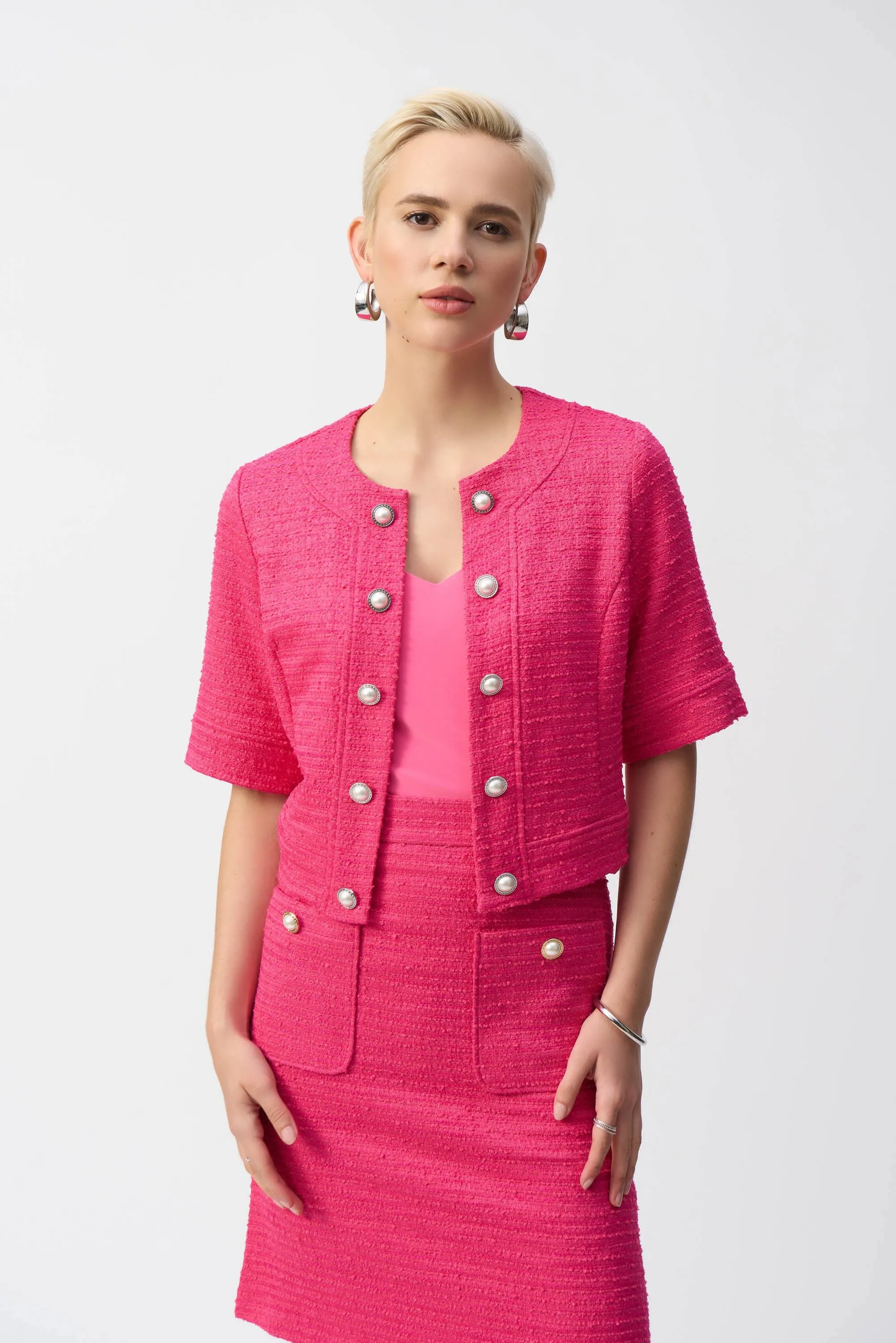 Joseph Ribkoff Pink Boucl Cropped Jacket With Decorative Buttons