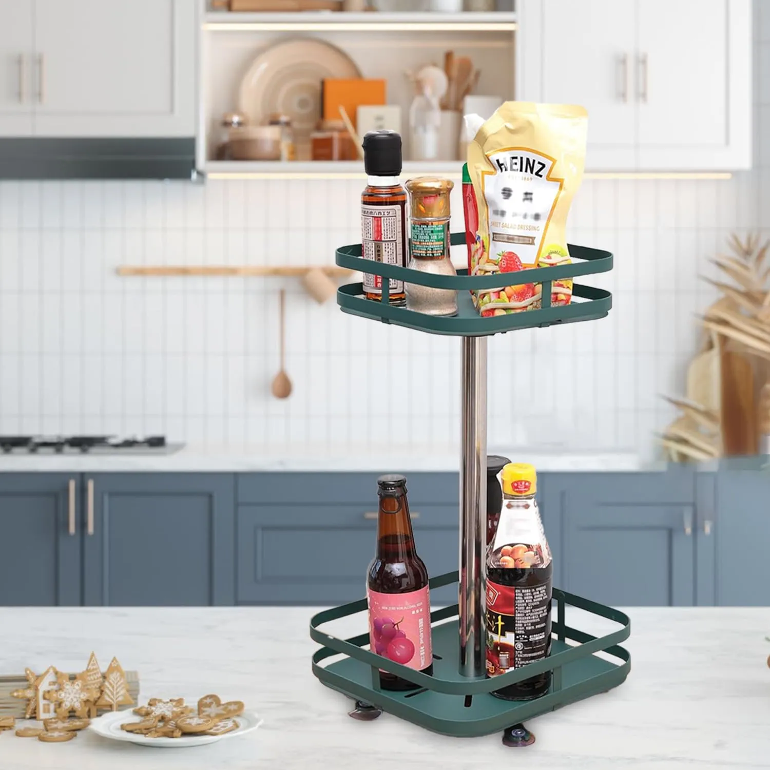 Kuber Industries 2-Layer Rotating Spice Rack|Square Shelf For Cabinet Countertop|360-Degree Rotable Kitchen Trolley|Fruit Basket Pack of 2 (Dark Green)