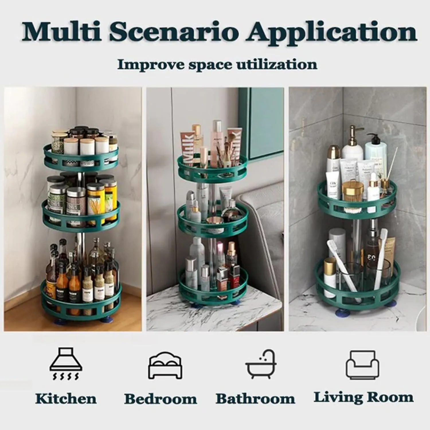 Kuber Industries 3-Layer Rotating Spice Rack|Circular Shelf For Cabinet Countertop|360-Degree Rotable Kitchen Trolley|Fruit Basket Pack of 2 (Dark Green)