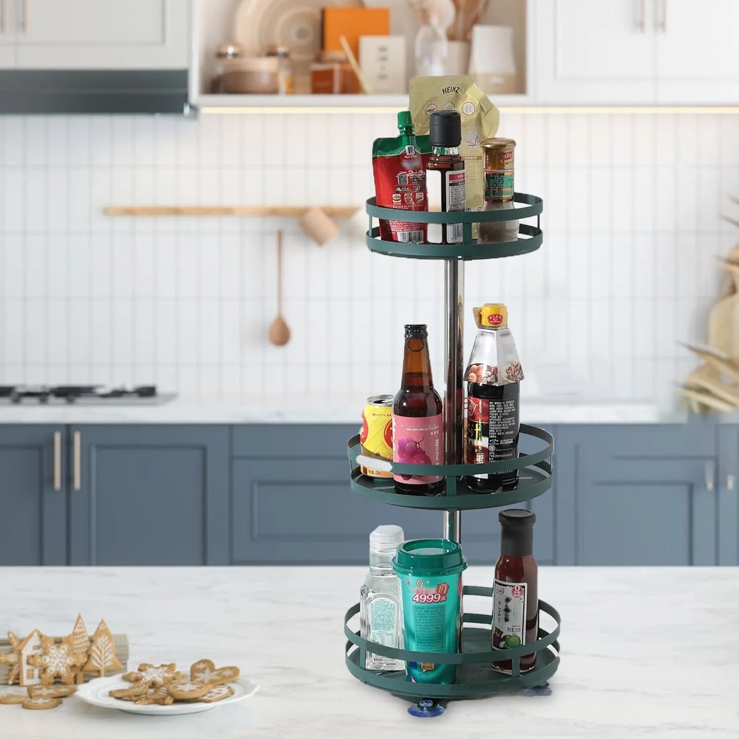 Kuber Industries 3-Layer Rotating Spice Rack|Circular Shelf For Cabinet Countertop|360-Degree Rotable Kitchen Trolley|Fruit Basket Pack of 2 (Dark Green)