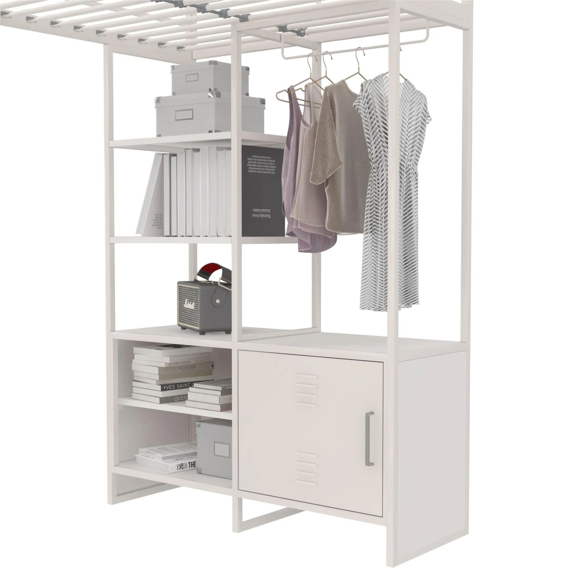 Lanis Metal Storage Loft Bed with Desk, Shelves, Cabinet and USB Port