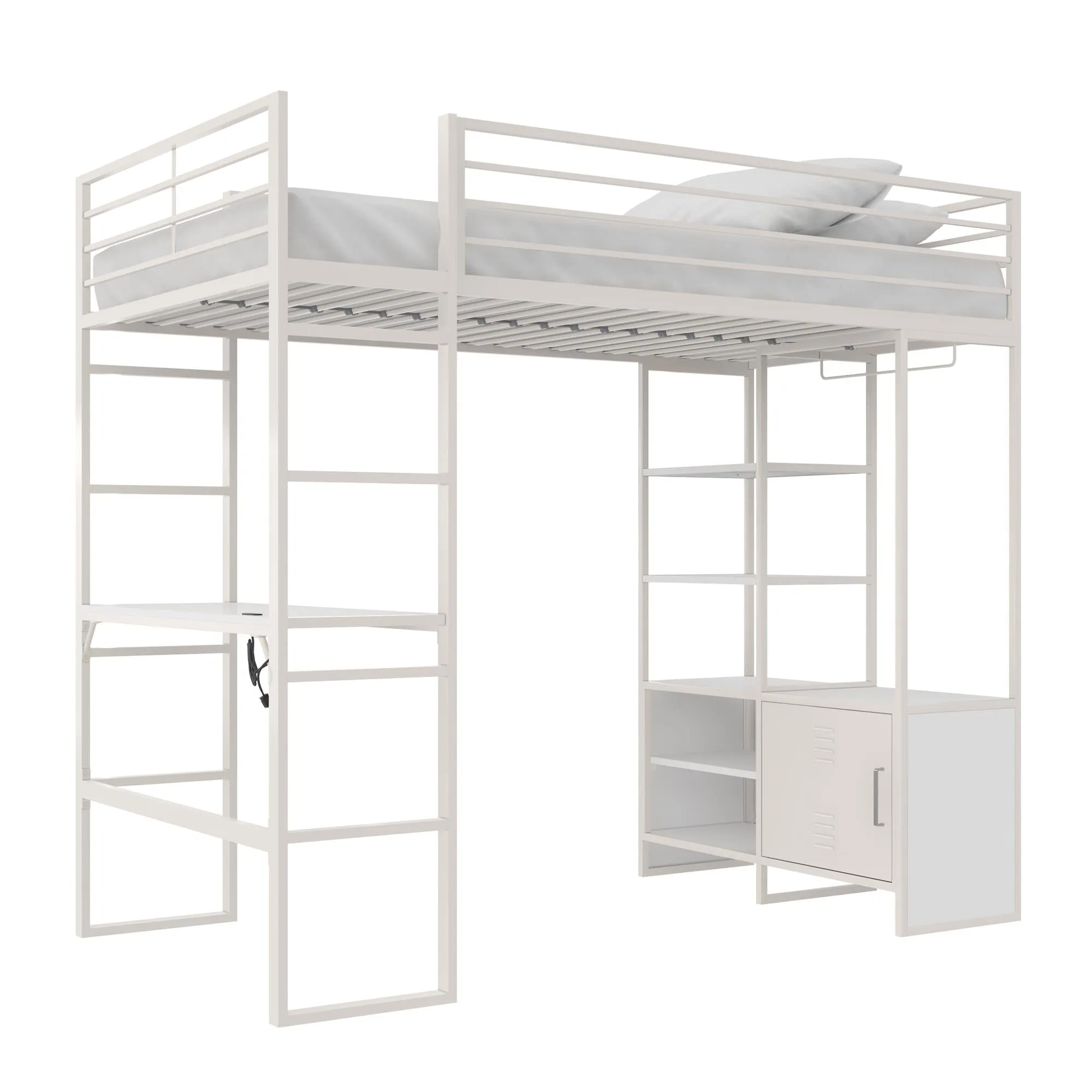 Lanis Metal Storage Loft Bed with Desk, Shelves, Cabinet and USB Port