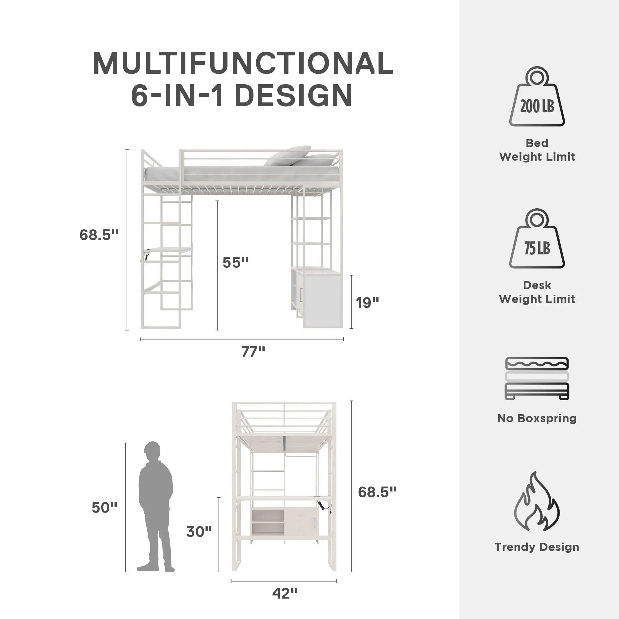 Lanis Metal Storage Loft Bed with Desk, Shelves, Cabinet and USB Port