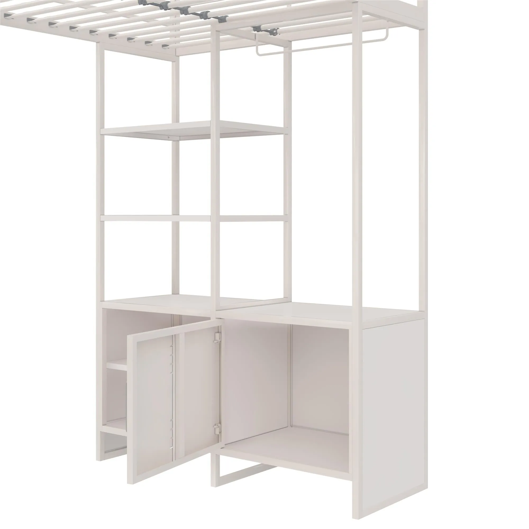Lanis Metal Storage Loft Bed with Desk, Shelves, Cabinet and USB Port