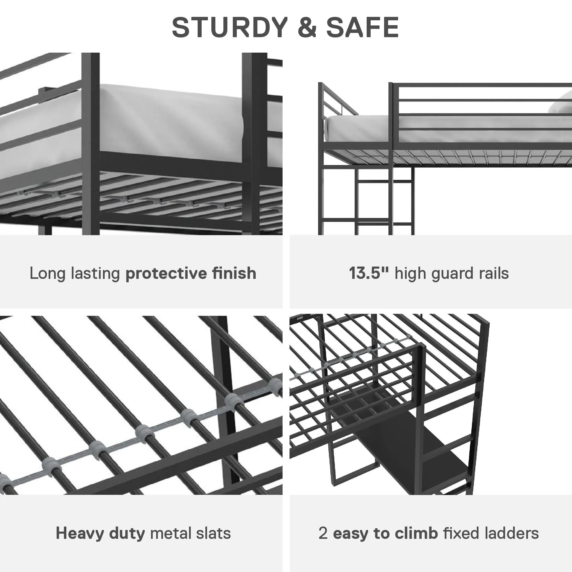 Lanis Metal Storage Loft Bed with Desk, Shelves, Cabinet and USB Port