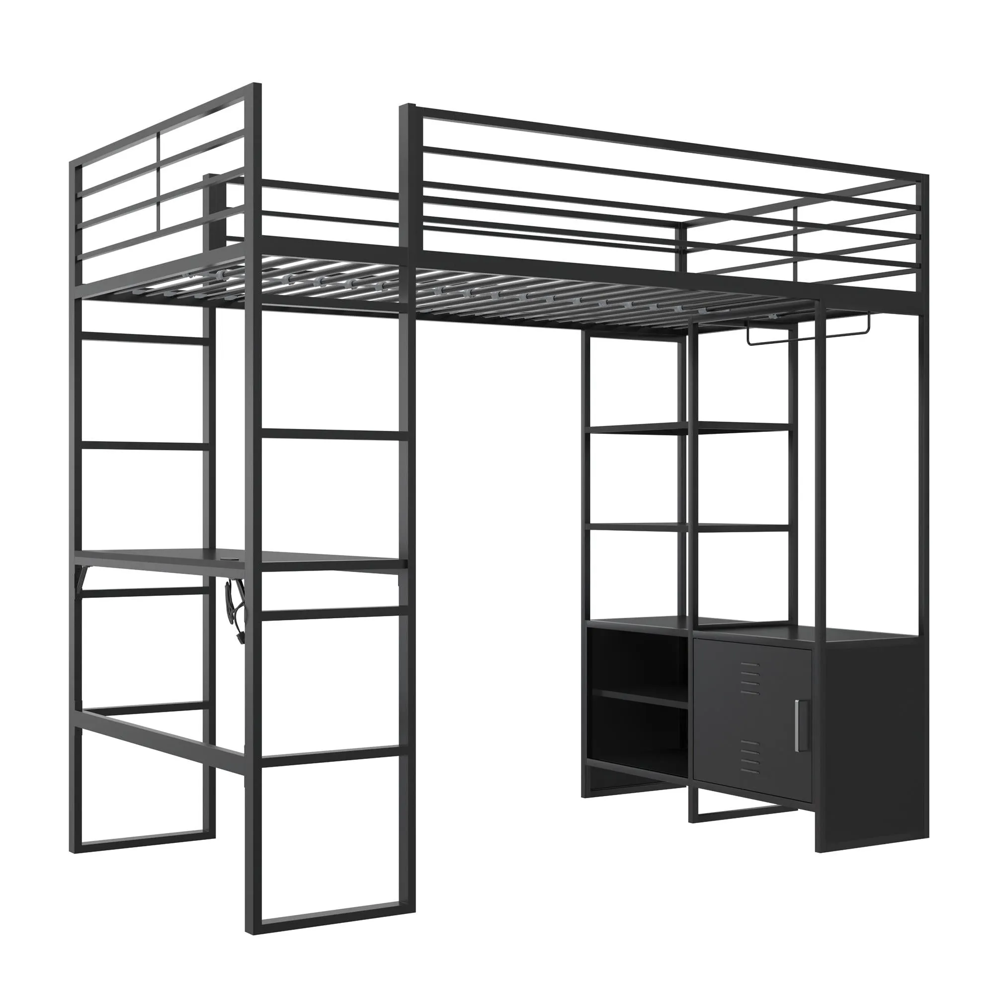 Lanis Metal Storage Loft Bed with Desk, Shelves, Cabinet and USB Port