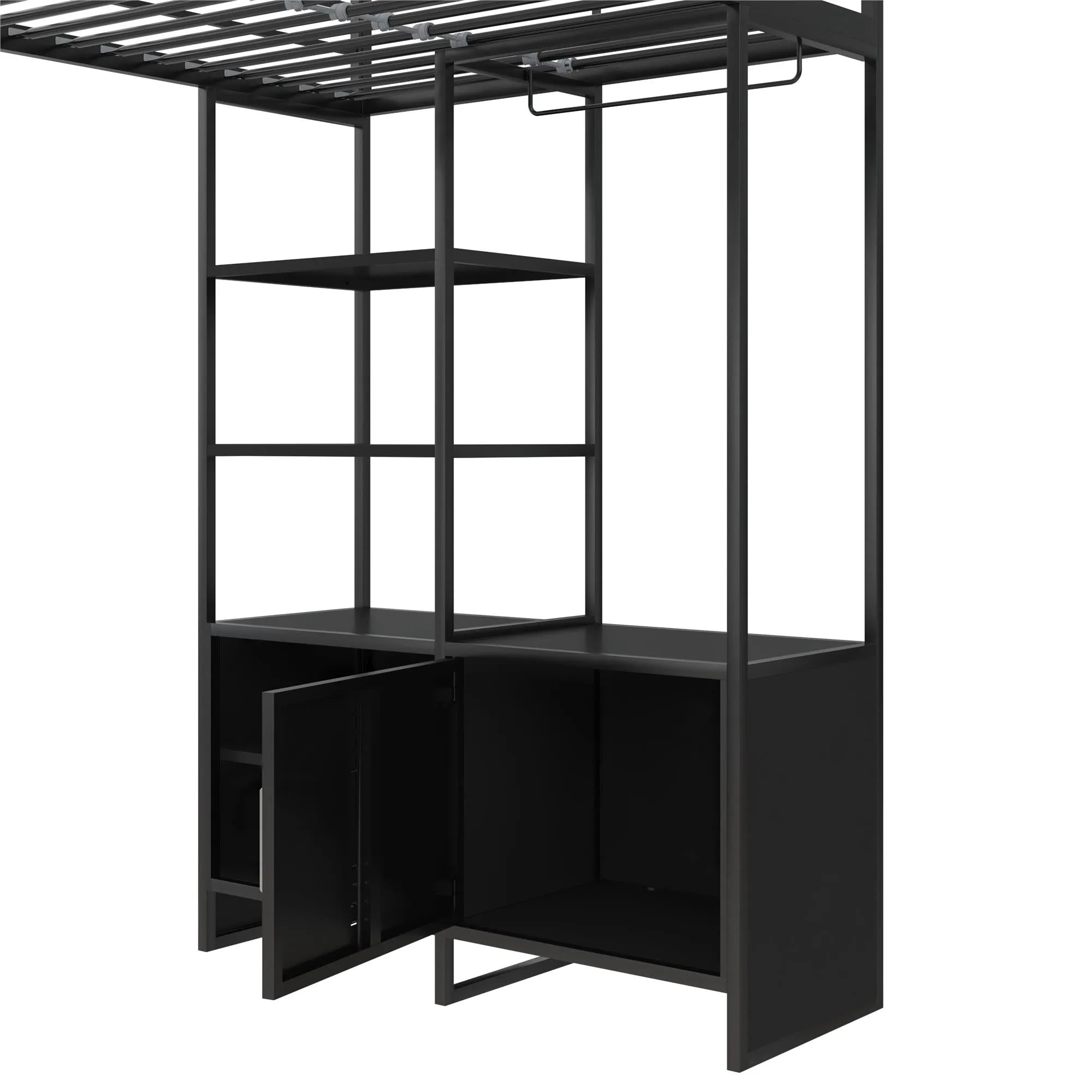 Lanis Metal Storage Loft Bed with Desk, Shelves, Cabinet and USB Port