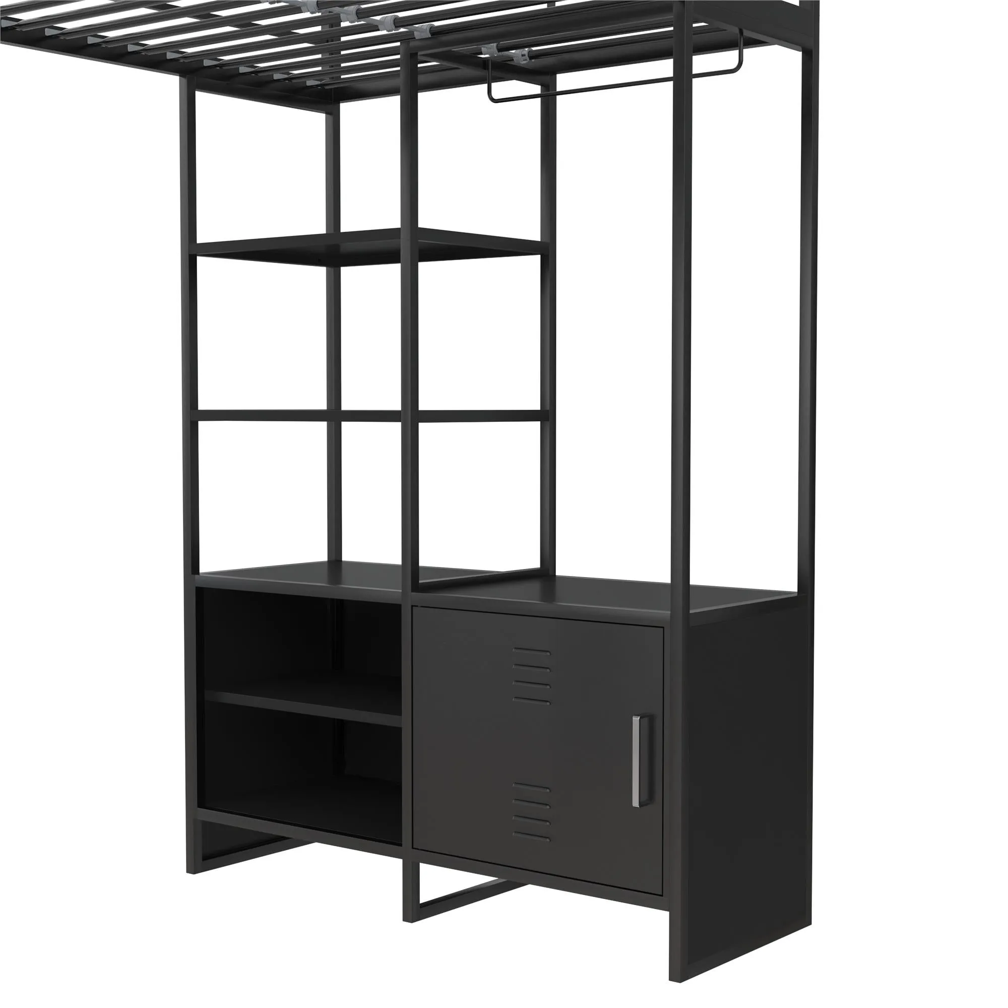Lanis Metal Storage Loft Bed with Desk, Shelves, Cabinet and USB Port