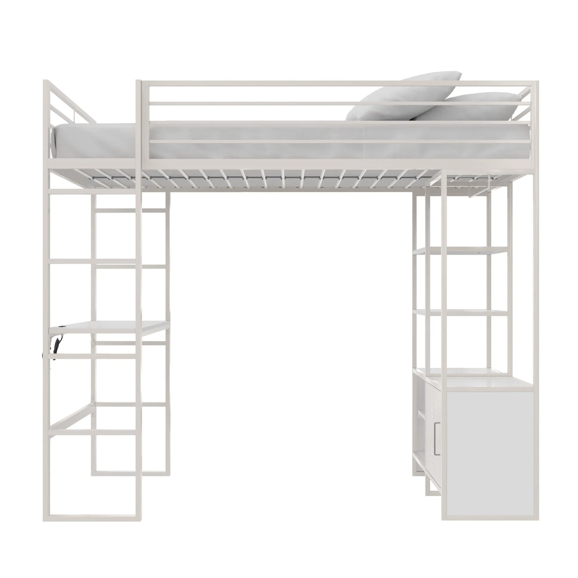 Lanis Metal Storage Loft Bed with Desk, Shelves, Cabinet and USB Port