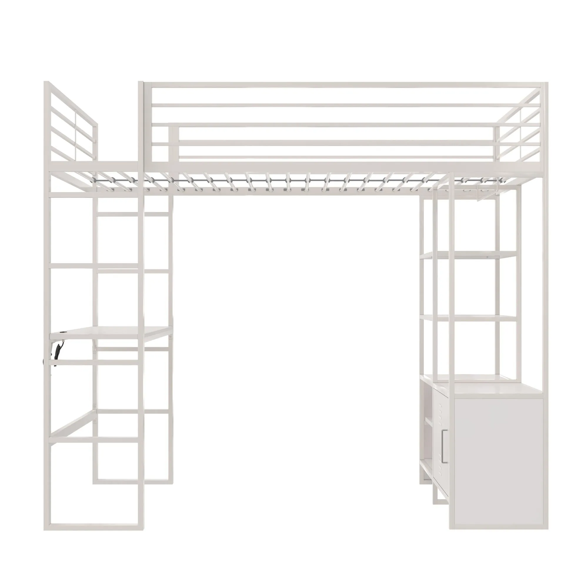 Lanis Metal Storage Loft Bed with Desk, Shelves, Cabinet and USB Port