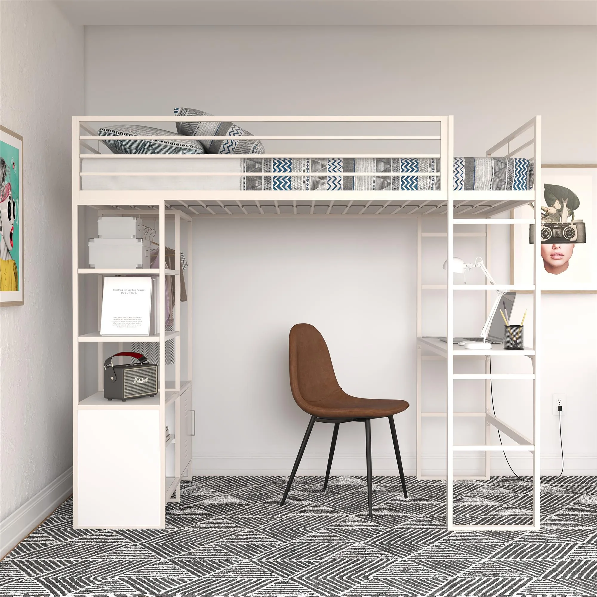 Lanis Metal Storage Loft Bed with Desk, Shelves, Cabinet and USB Port