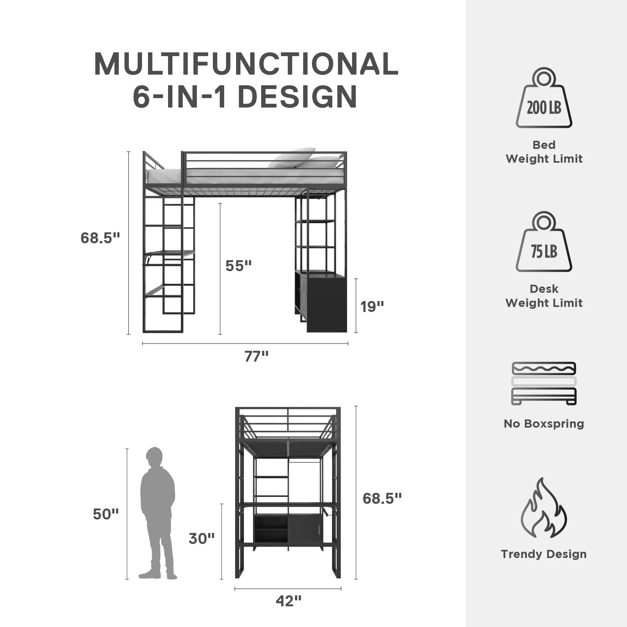 Lanis Metal Storage Loft Bed with Desk, Shelves, Cabinet and USB Port