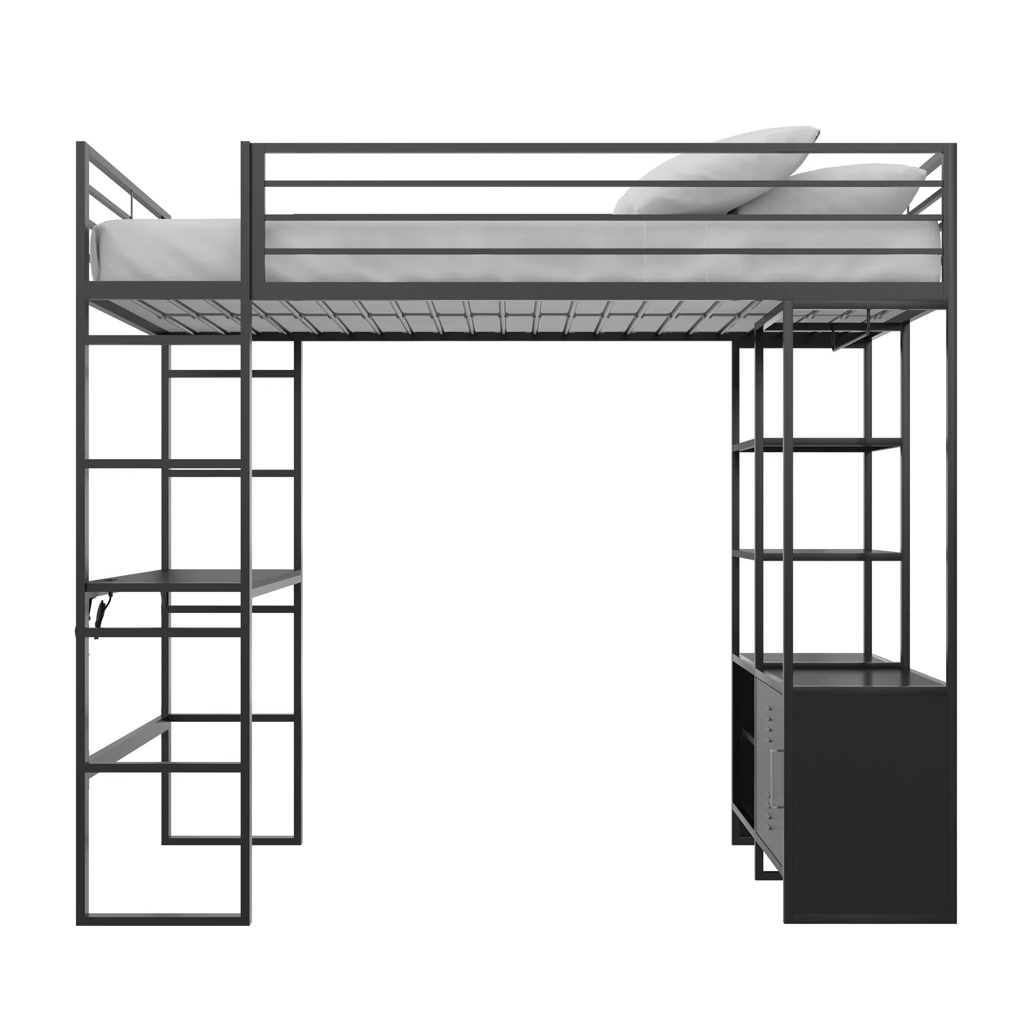 Lanis Metal Storage Loft Bed with Desk, Shelves, Cabinet and USB Port