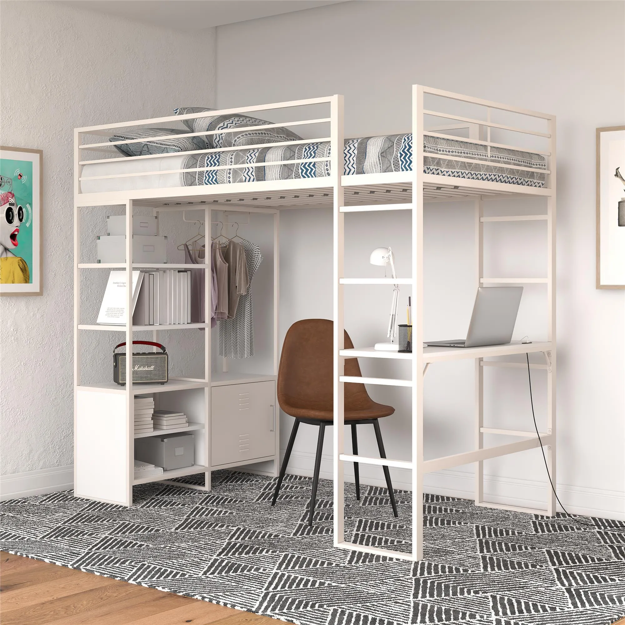 Lanis Metal Storage Loft Bed with Desk, Shelves, Cabinet and USB Port