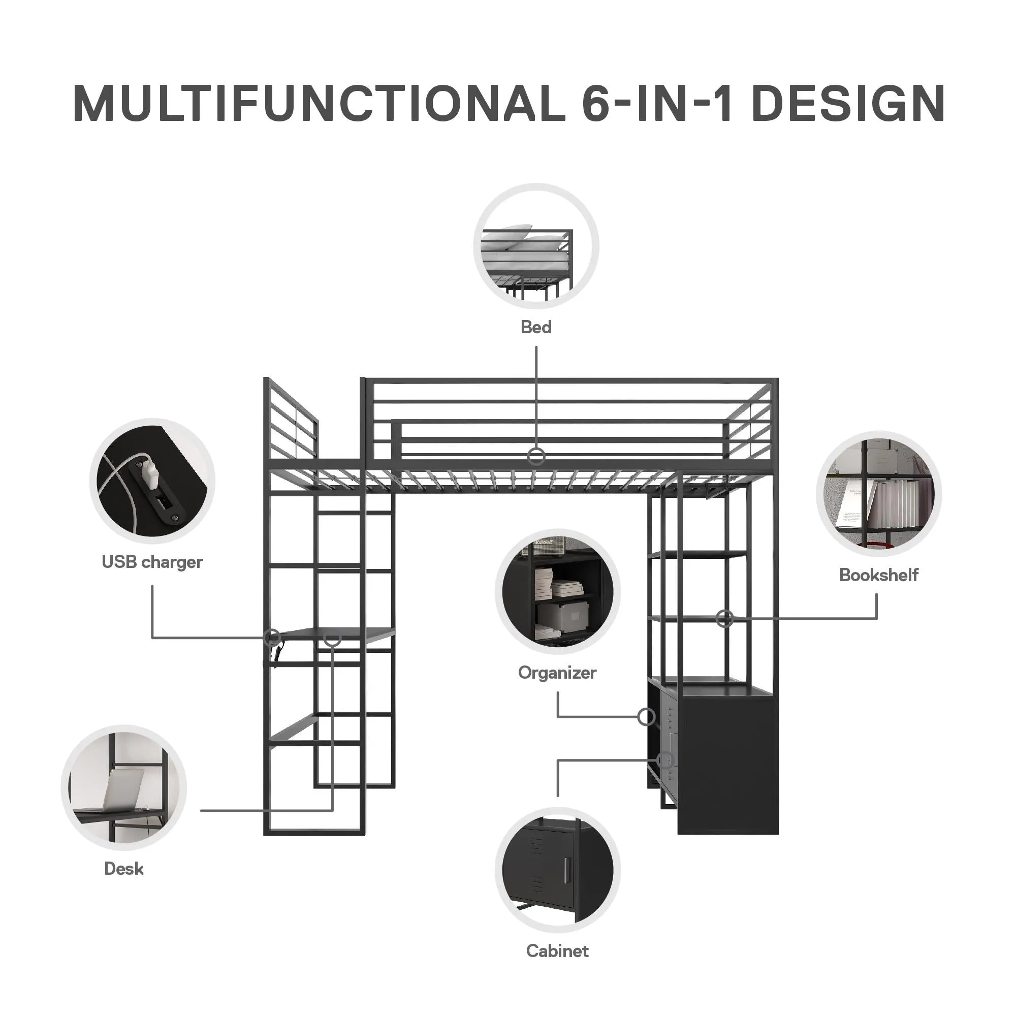 Lanis Metal Storage Loft Bed with Desk, Shelves, Cabinet and USB Port