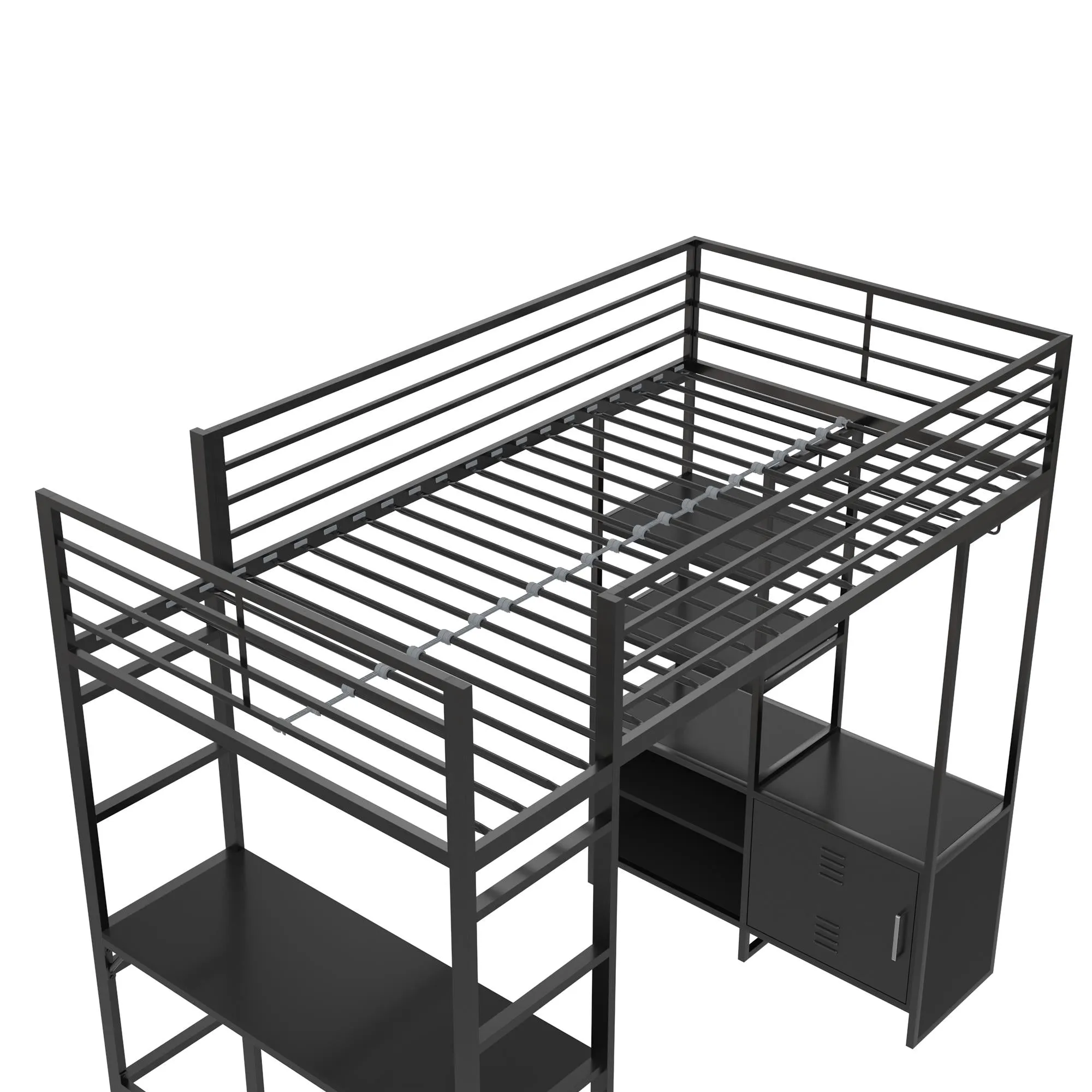 Lanis Metal Storage Loft Bed with Desk, Shelves, Cabinet and USB Port