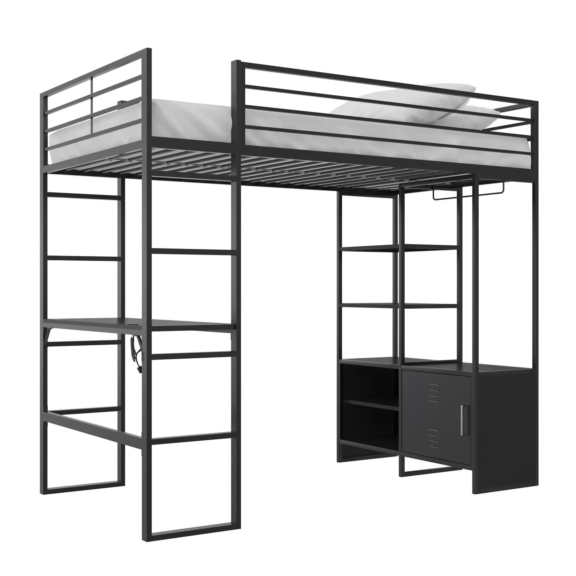 Lanis Metal Storage Loft Bed with Desk, Shelves, Cabinet and USB Port