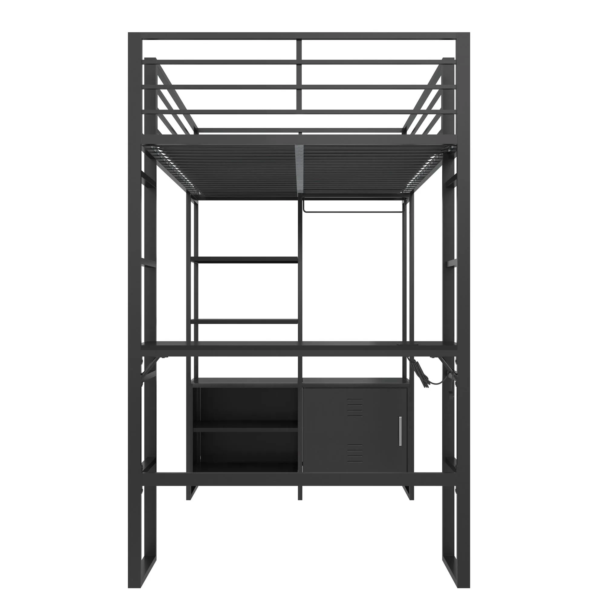 Lanis Metal Storage Loft Bed with Desk, Shelves, Cabinet and USB Port