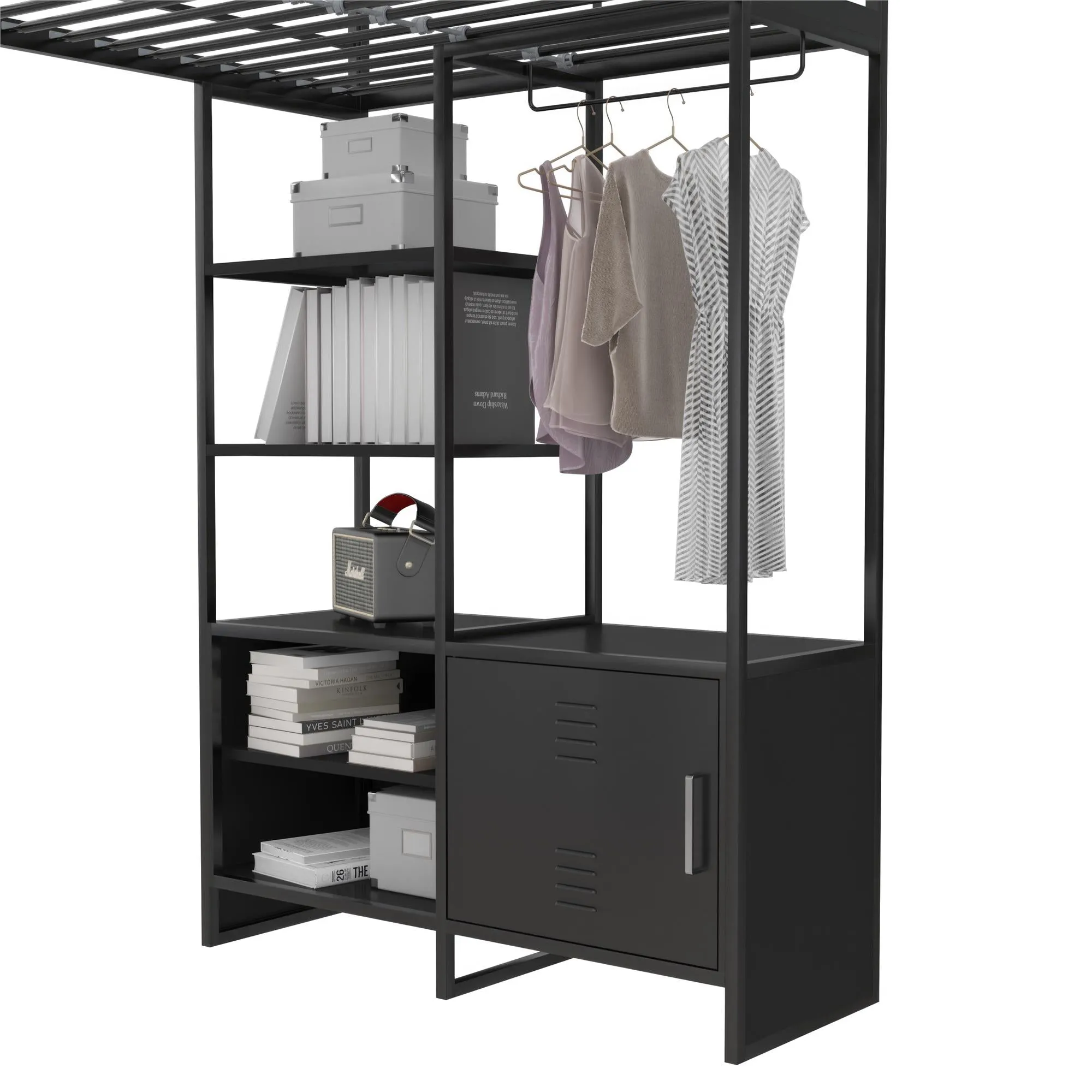 Lanis Metal Storage Loft Bed with Desk, Shelves, Cabinet and USB Port