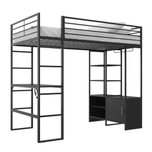 Lanis Metal Storage Loft Bed with Desk, Shelves, Cabinet and USB Port