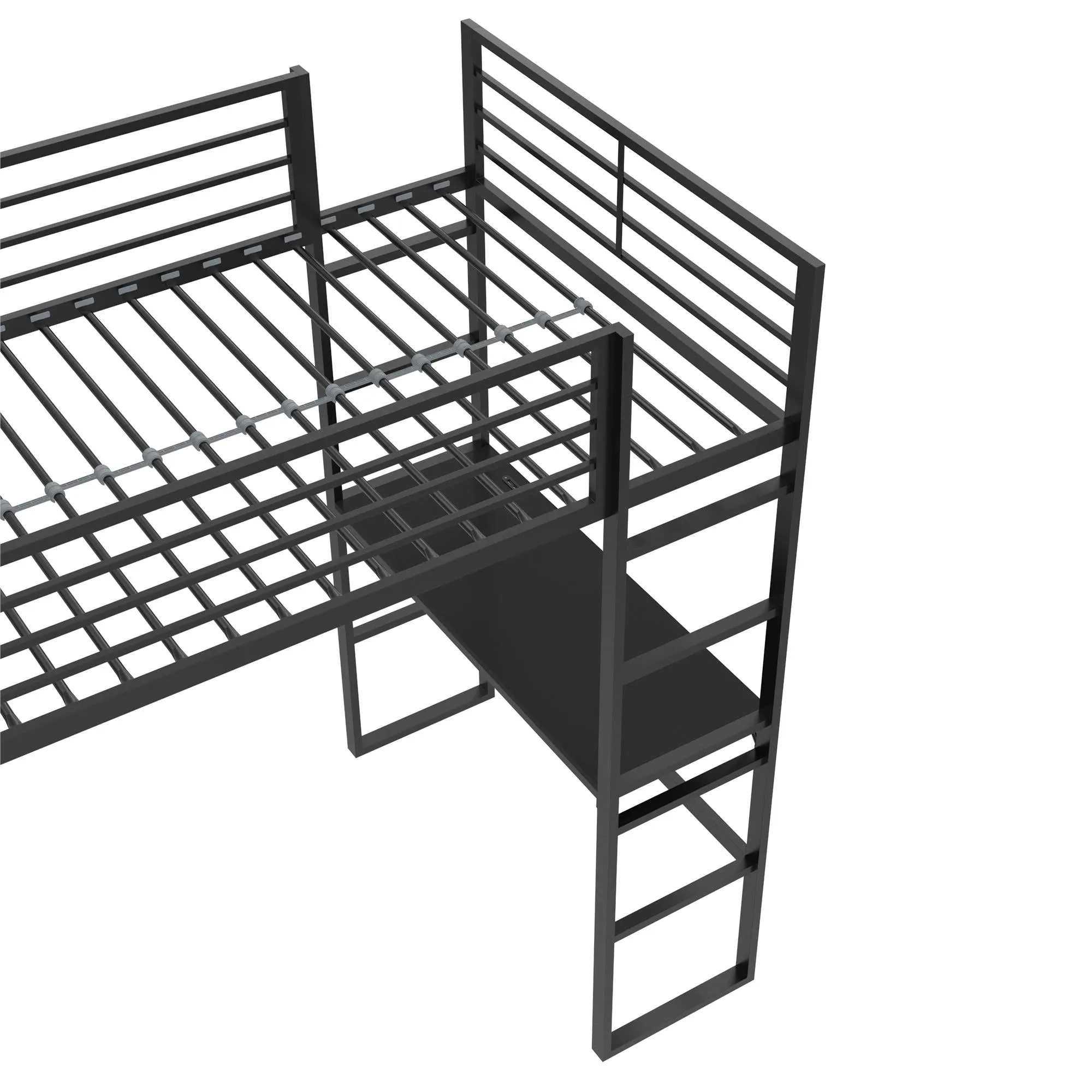 Lanis Metal Storage Loft Bed with Desk, Shelves, Cabinet and USB Port