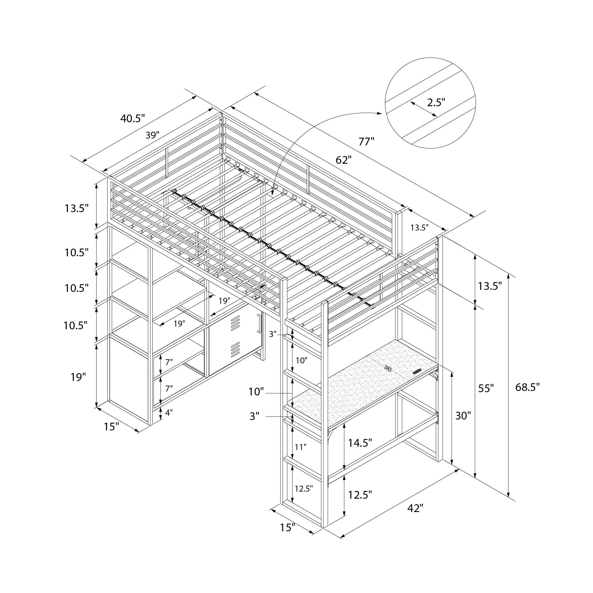 Lanis Metal Storage Loft Bed with Desk, Shelves, Cabinet and USB Port