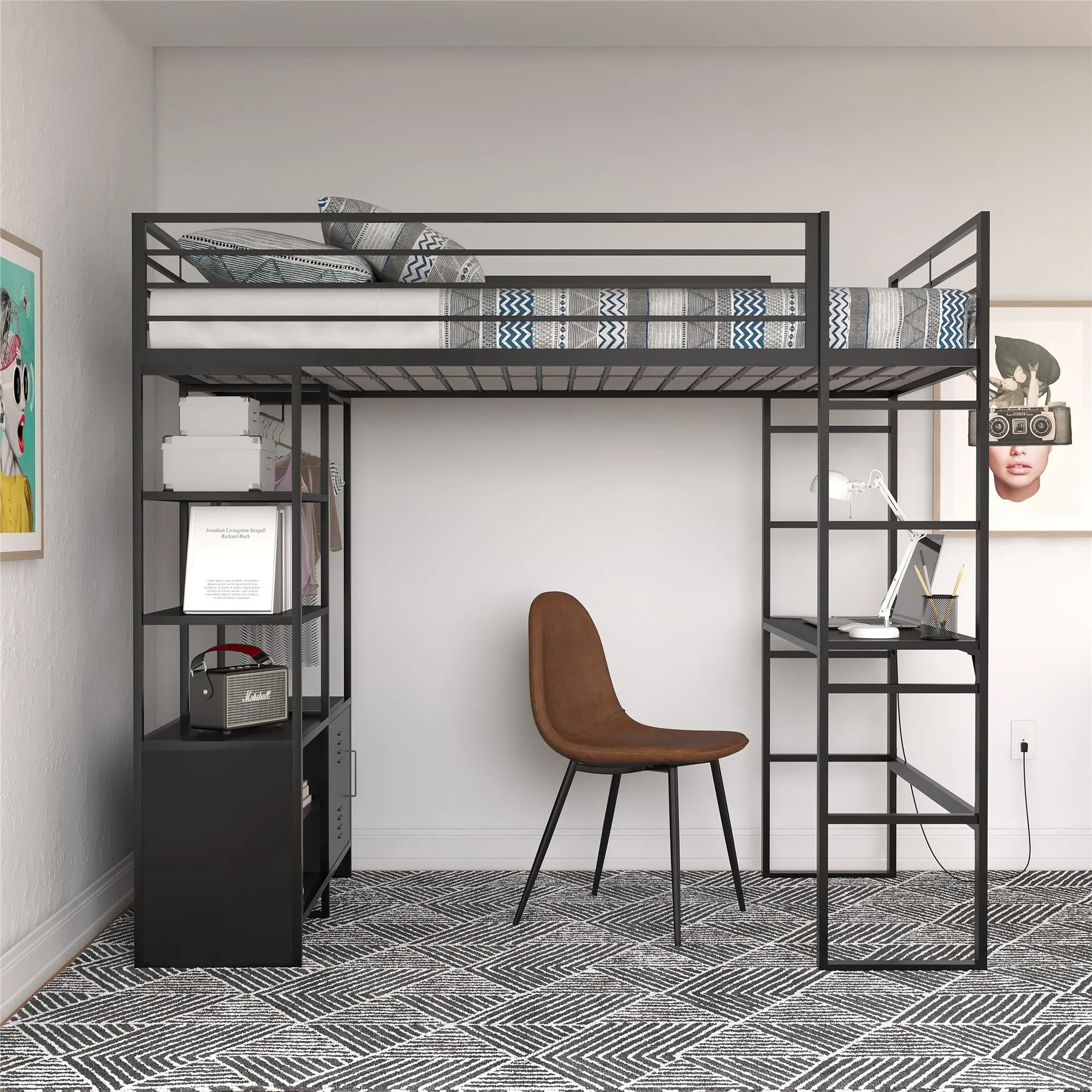 Lanis Metal Storage Loft Bed with Desk, Shelves, Cabinet and USB Port