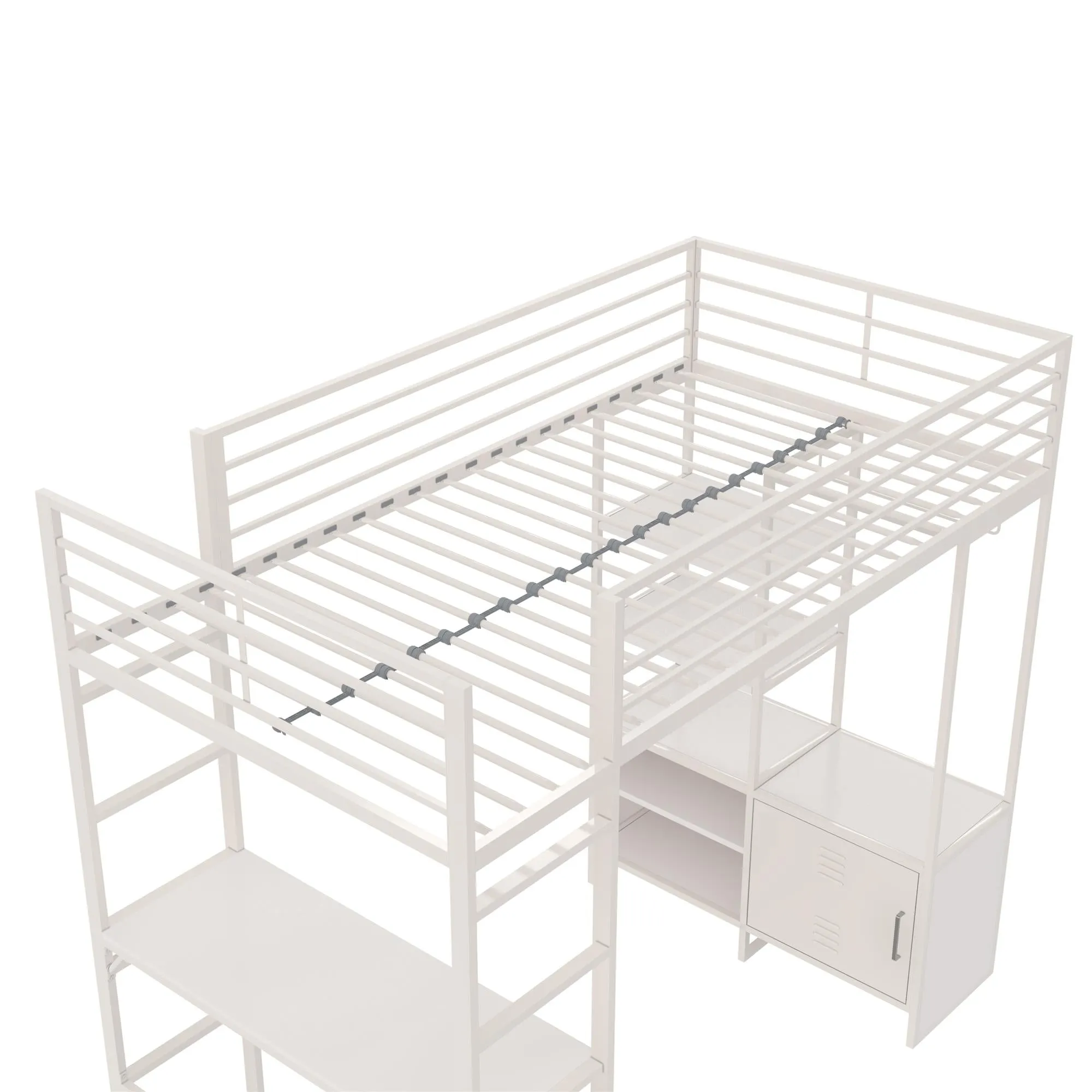 Lanis Metal Storage Loft Bed with Desk, Shelves, Cabinet and USB Port