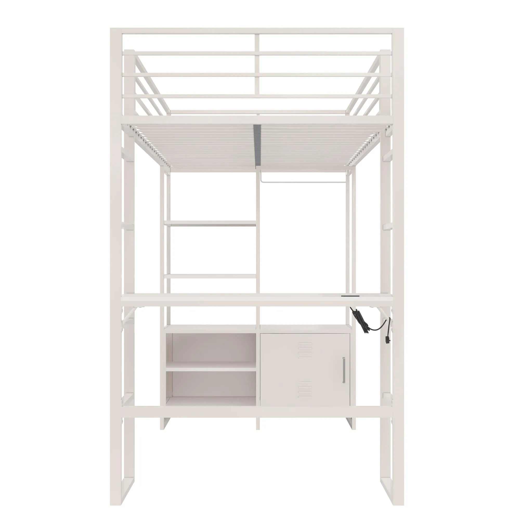 Lanis Metal Storage Loft Bed with Desk, Shelves, Cabinet and USB Port